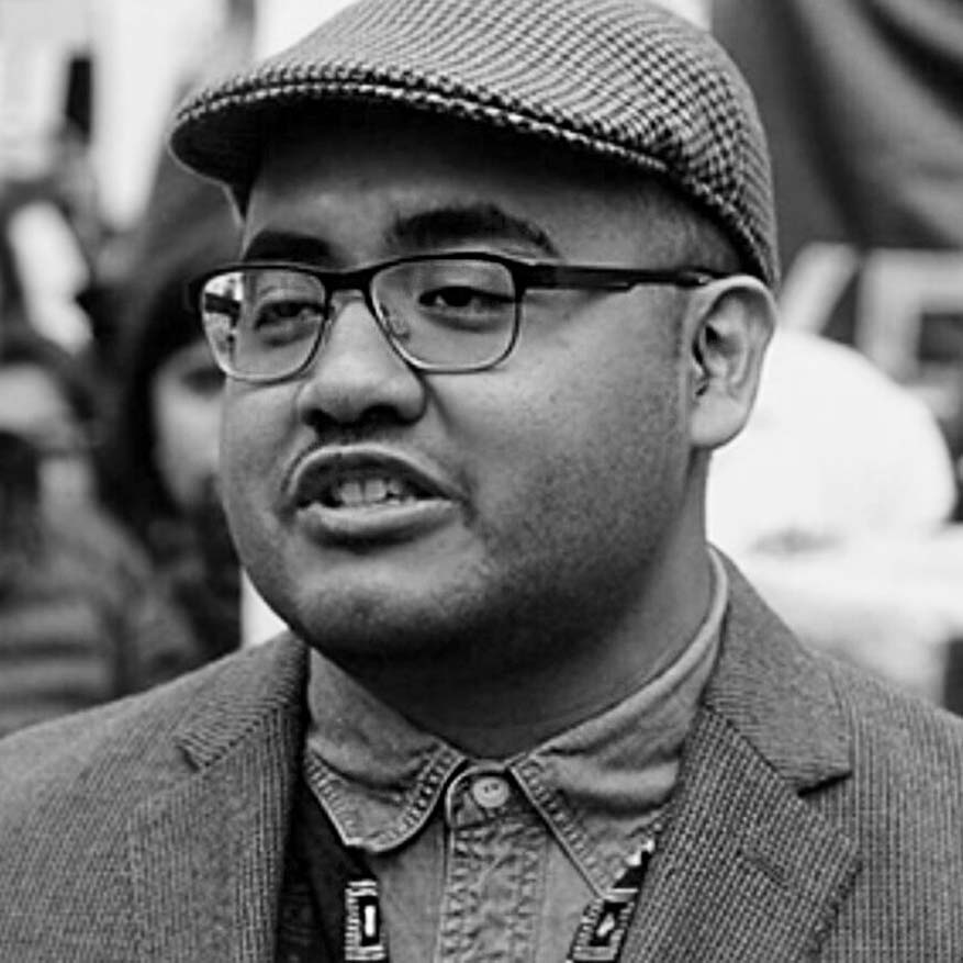 Black and white photograph of Marco Saavedra