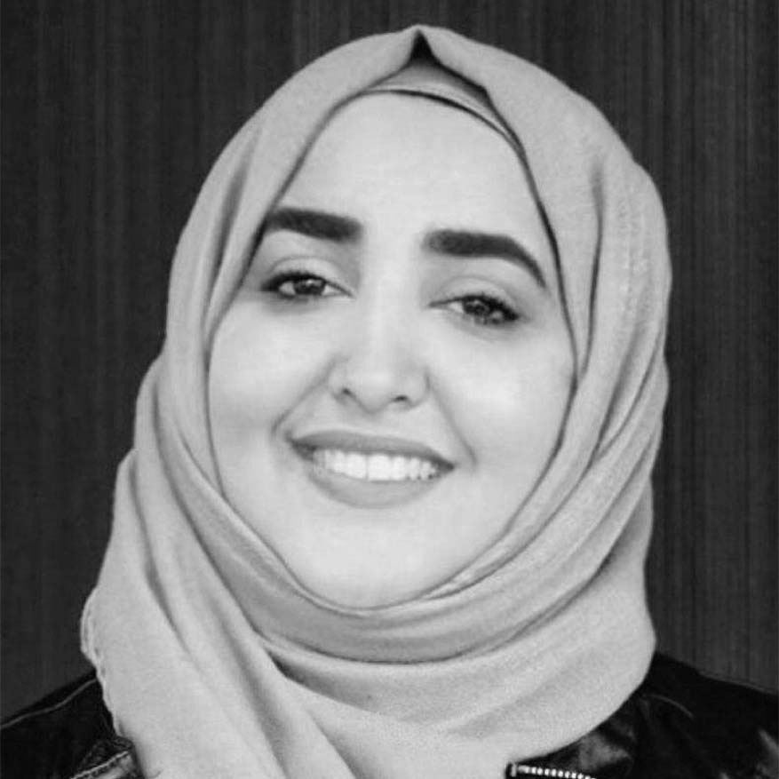 Black and white photograph of Somia Elrowmeim