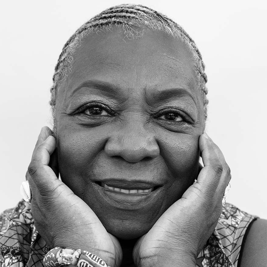 Black and white photograph of Fela Barclift, founder of Little Sun People, a childcare program with an African centered focus