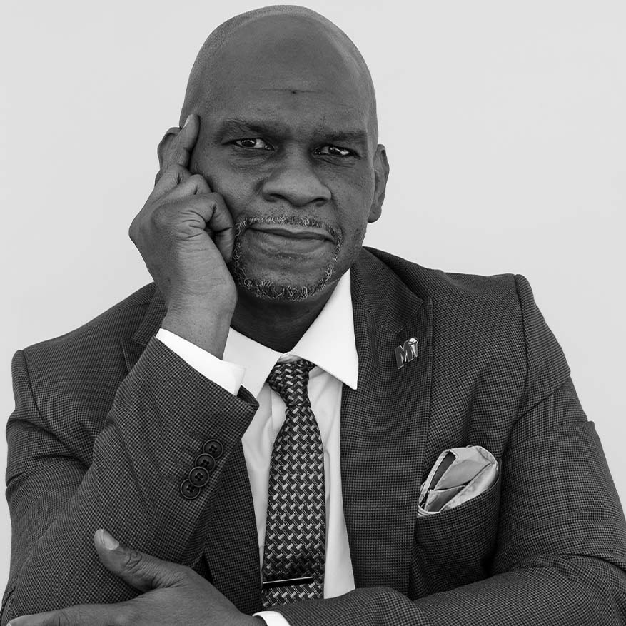 Black and white photograph of Five Mualimm-ak, founder of Incarcerated Nation