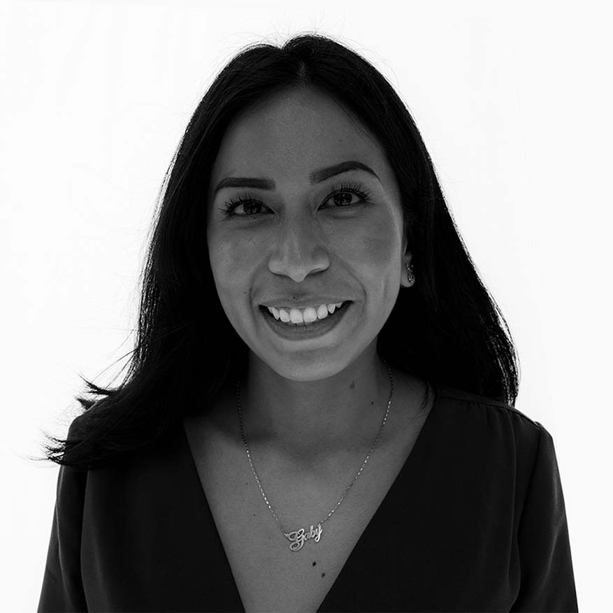 Black and white image Gabriela Campoverde who is helping lenders better assess risk to invest in no-credit, credit-thin, and immigrant small businesses