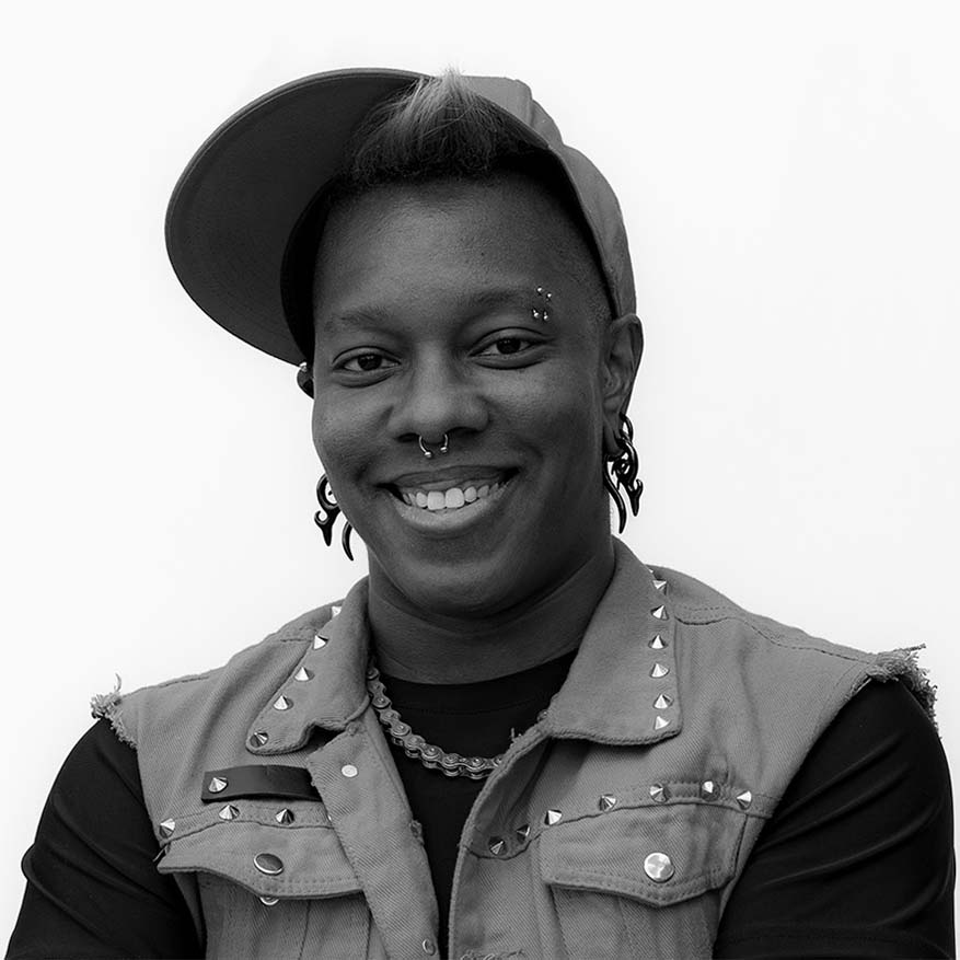 Black and white photograph of Mohawk Kellye Greene who is preventing accidental overdose through high-level, accessible drug checking and improved information about prevalence and risk.