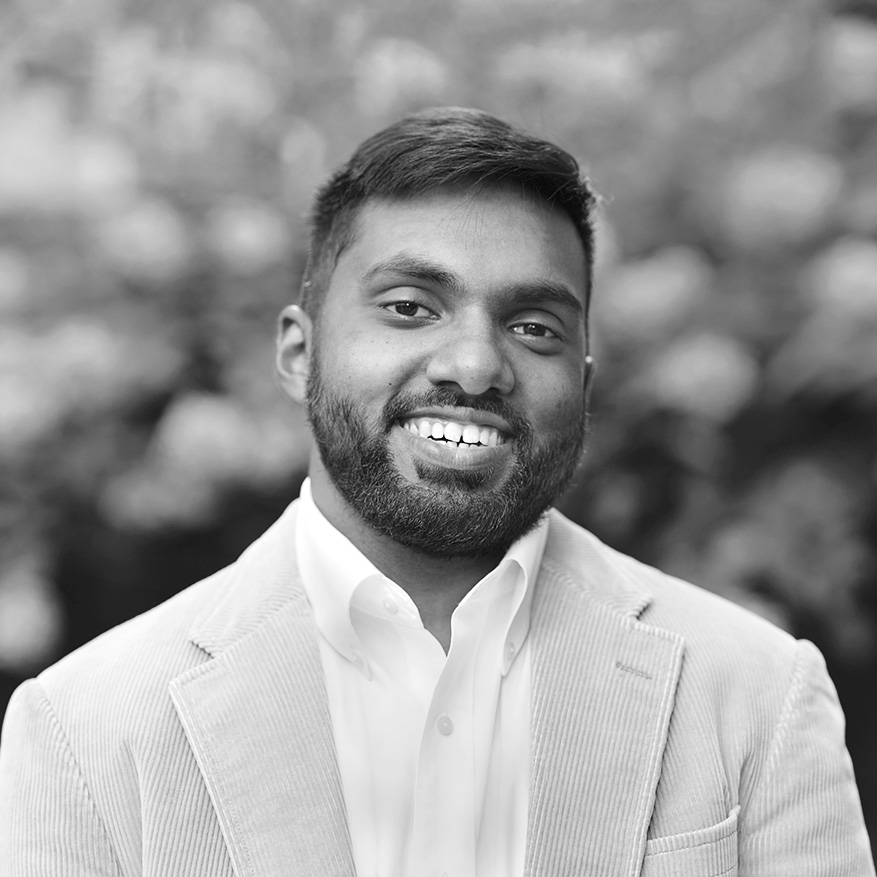 Black and white image of Arvind Sooknanan